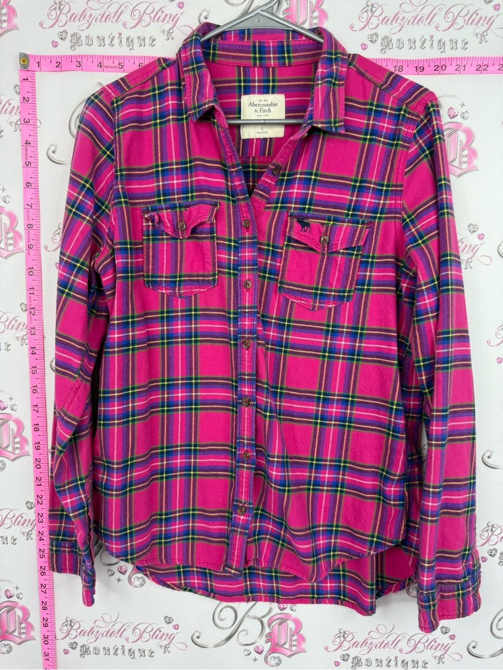 Abercrombie & Fitch Hot Pink Plaid Flannel Shirt - Picture 1 of 10